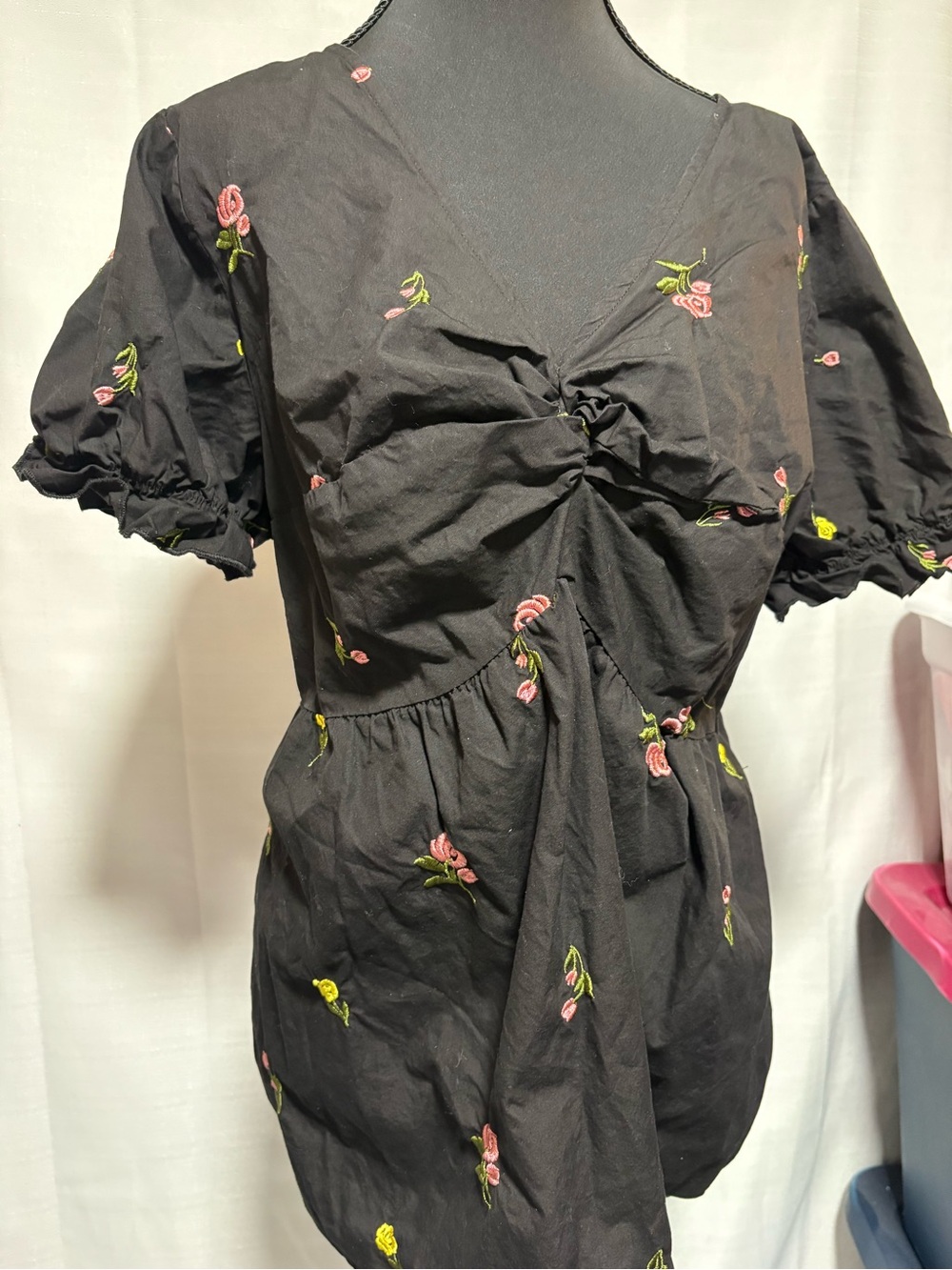 Women’s Black Floral Tie-Front Top - Pink & Yellow Rose Slenderizing!Embroidery! - Picture 3 of 14